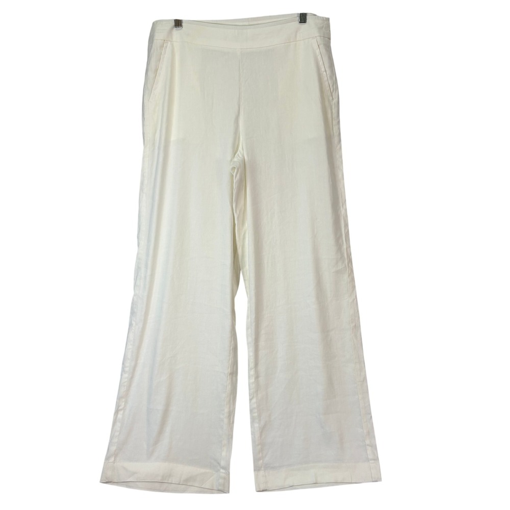 Chico's White Linen Blend Wide Leg Trousers Women 12 Coastal Luxe Coastal Preppy